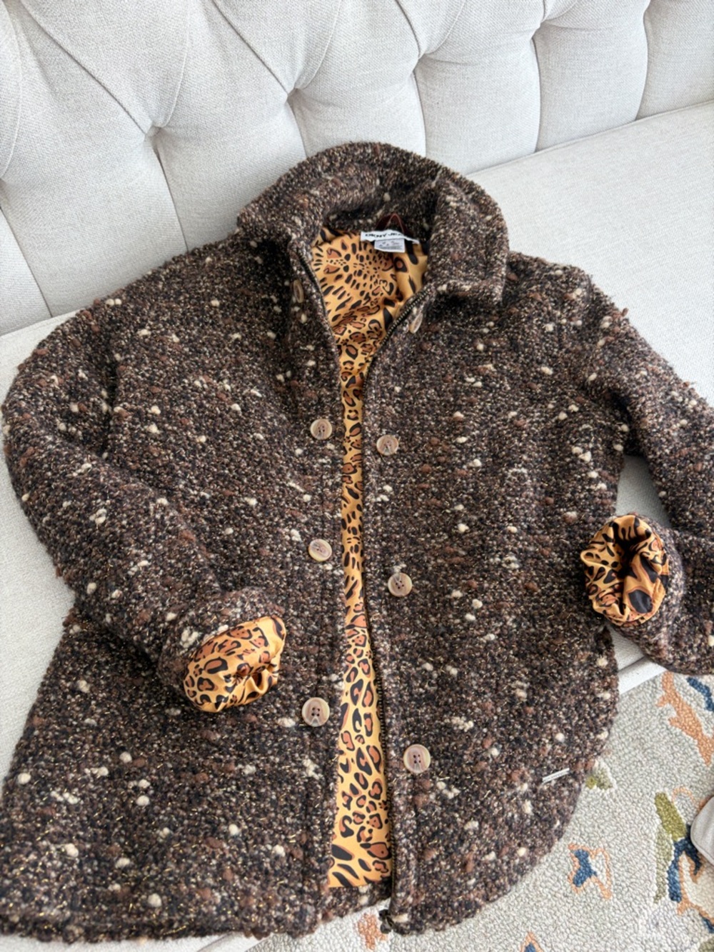Brown Bouclé DKNY Coat with Leopard Lining